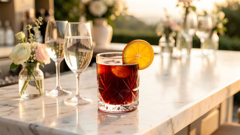 Americano rouge servi dans un verre élégant sur un bar en marbre, entouré de fleurs et de verrerie pour un apéritif de mariage chic.