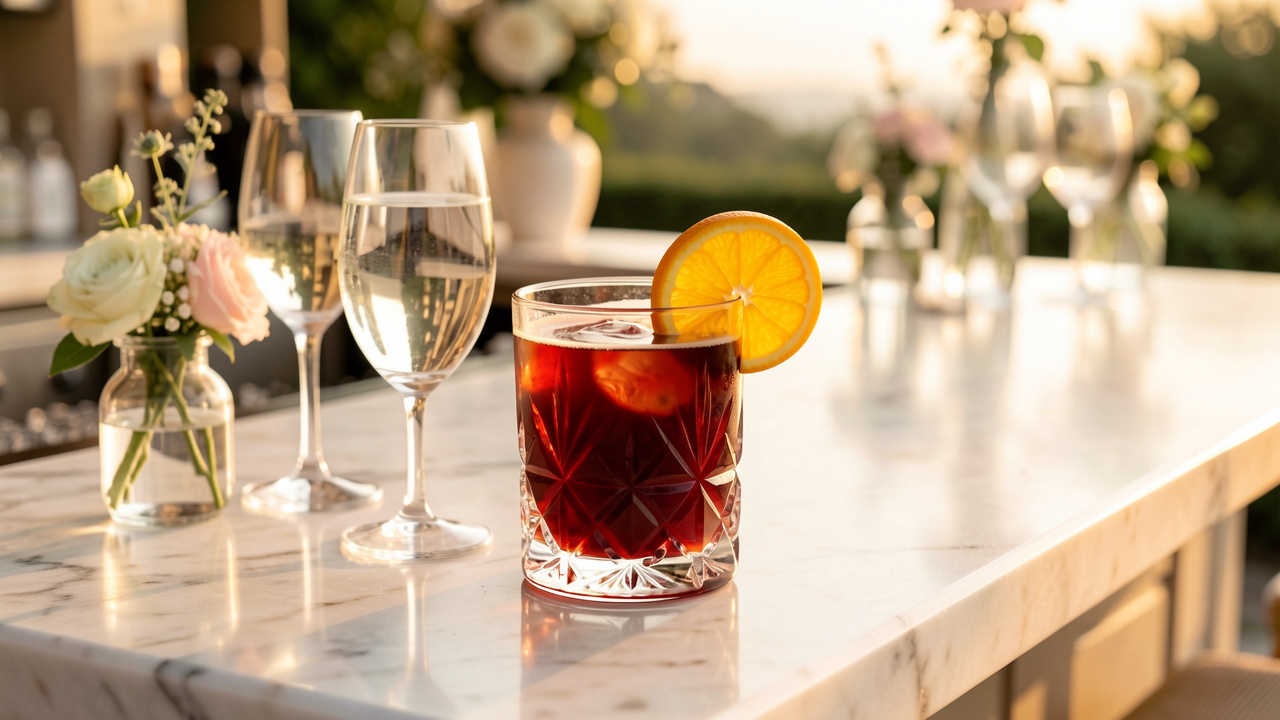 Americano rouge servi dans un verre élégant sur un bar en marbre, entouré de fleurs et de verrerie pour un apéritif de mariage chic.