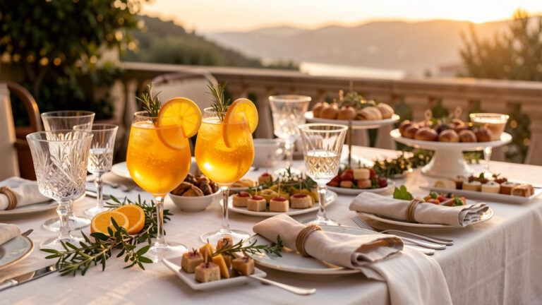 Table élégante préparée pour un apéritif festif, avec des cocktails orange pétillants, des agrumes, des herbes fraîches et des amuse-bouches raffinés.