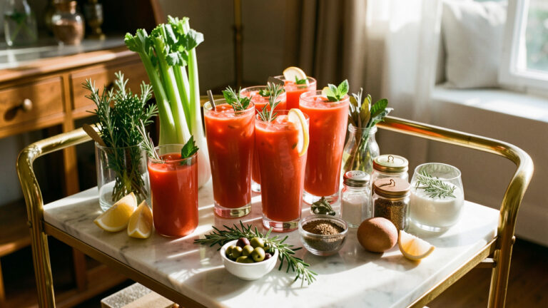 Bar à cocktails Bloody Mary soigneusement décoré avec verres, garnitures, légumes et épices dans une ambiance élégante de brunch.