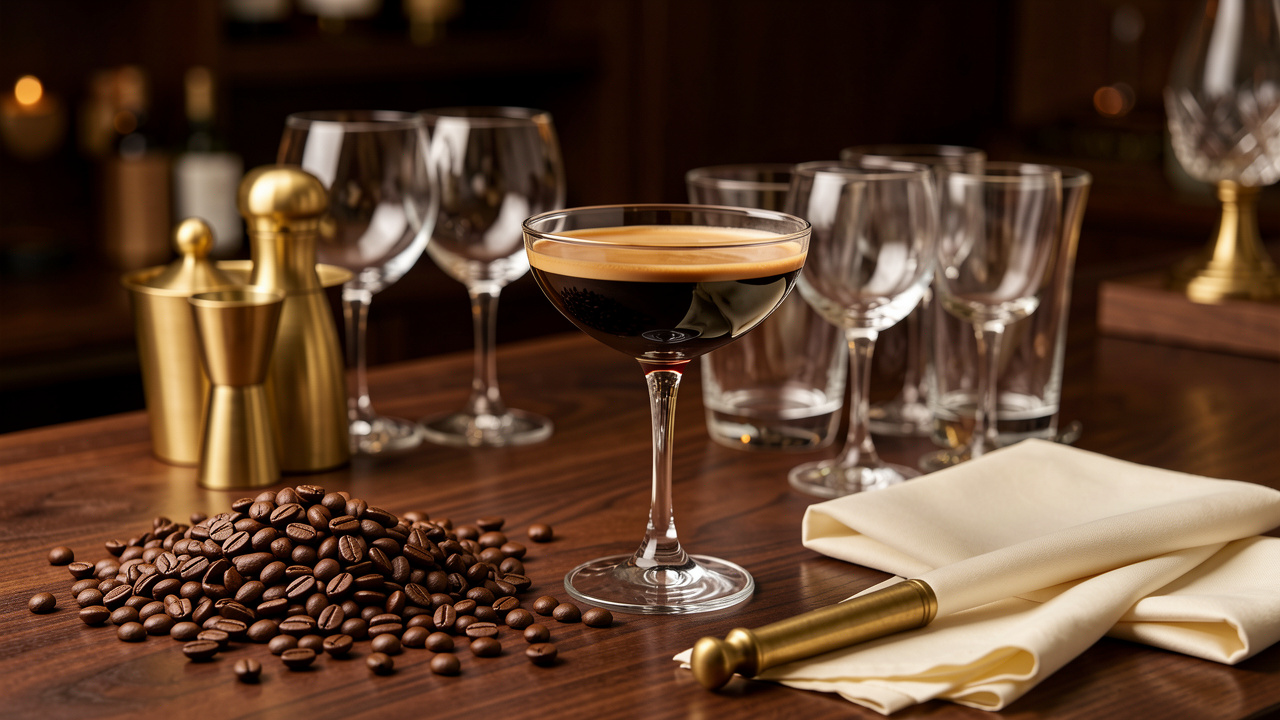 Bar à cocktails chic installé pour une fête, avec un martini au café, des grains de café, de la verrerie élégante et des accessoires en laiton.