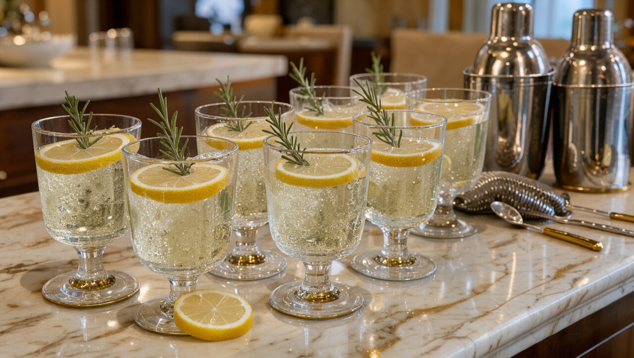 Bar à cocktails élégant avec des verres de Gin Fizz pétillants, des tranches de citron, du romarin et des accessoires raffinés sur un comptoir en marbre.