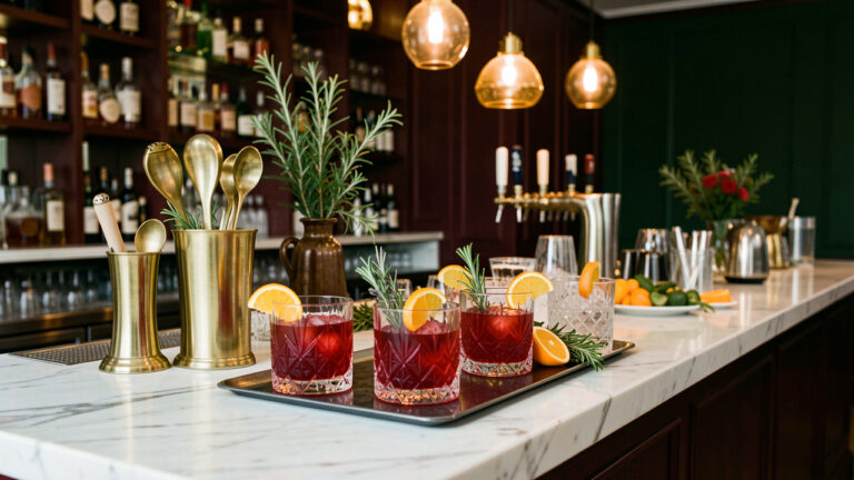 Bar à cocktails élégant avec des verres de Negroni, des garnitures d’orange et des accessoires raffinés sur un comptoir en marbre.