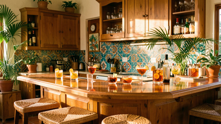 Bar cubain chaleureux aménagé avec du bois, des carreaux colorés, des plantes tropicales, des verres et des cocktails au rhum pour une réception conviviale.