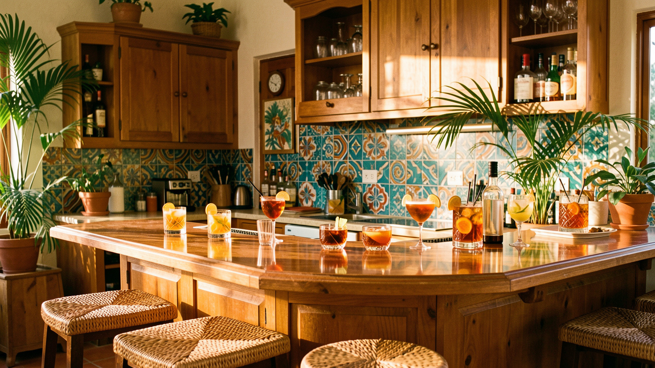 Bar cubain chaleureux aménagé avec du bois, des carreaux colorés, des plantes tropicales, des verres et des cocktails au rhum pour une réception conviviale.