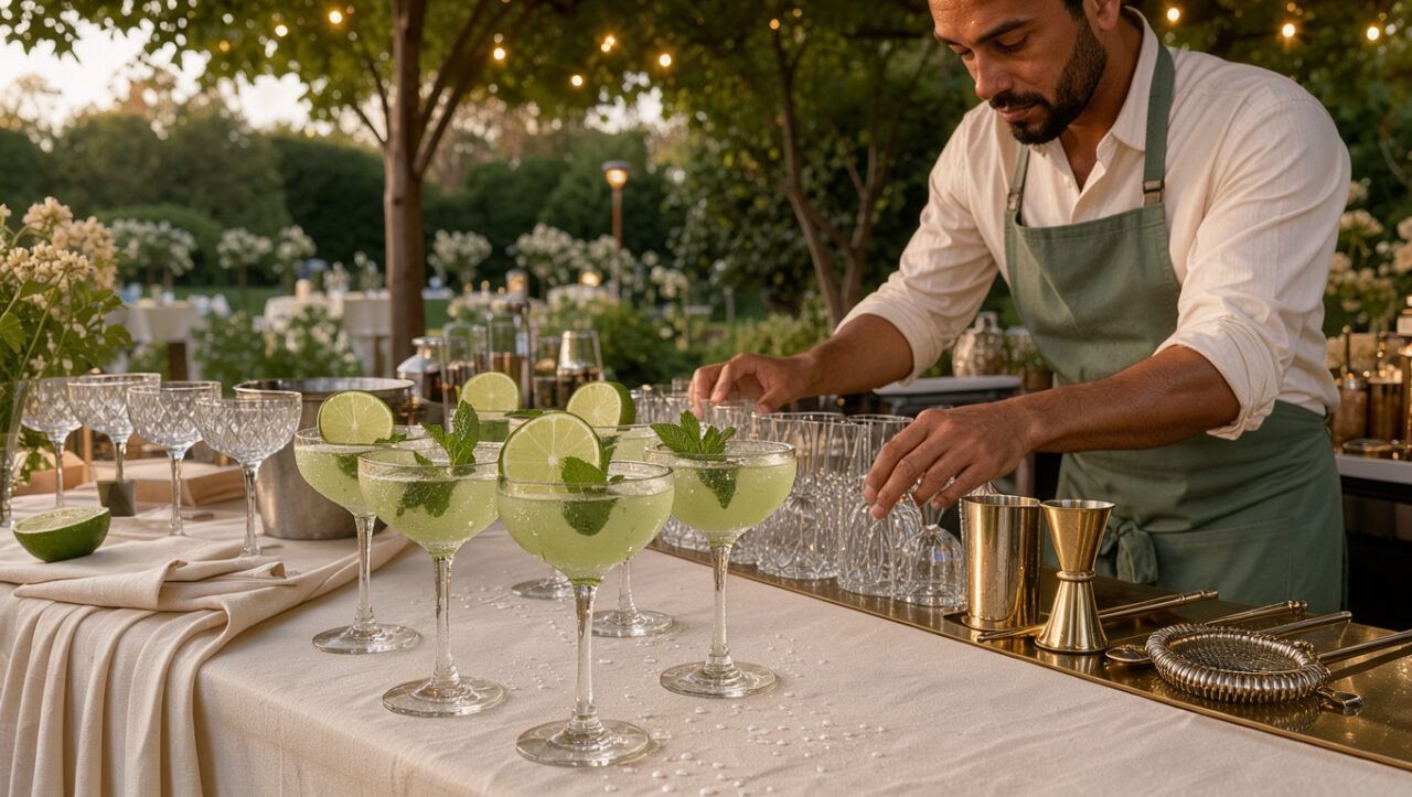 Bar à cocktails élégant pour un mariage, présentant des daiquiris frais dans des coupes en verre avec des rondelles de citron vert et de la menthe fraîche.