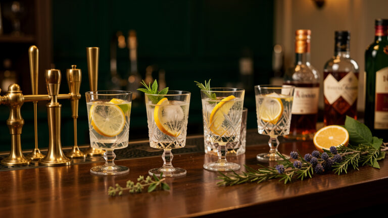 Bar à cocktails élégant et personnalisé avec des verres de gin tonic, des agrumes, des garnitures botaniques et des accessoires en laiton sur un comptoir en bois sombre.