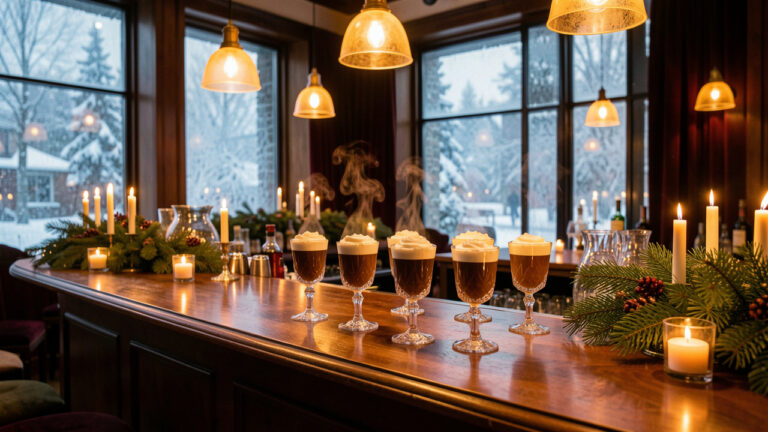 Bar d’hiver chaleureux et élégant avec des Irish coffees fumants, des verres raffinés, des bougies et une vue enneigée par les fenêtres.