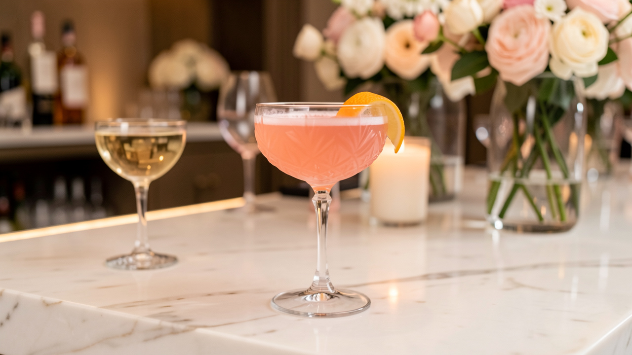 Cocktail rose raffiné servi dans une coupe en cristal, avec une décoration d’agrumes sur un bar en marbre lors d’une réception de mariage moderne.