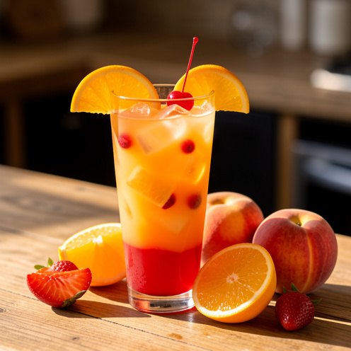 Cocktail fruité aux couleurs orange, pêche et cranberry, servi avec des glaçons et décoré d’une tranche d’orange et d’une cerise.