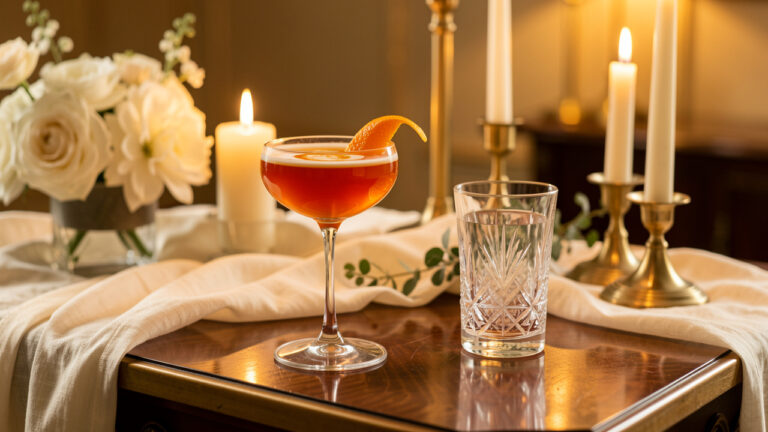 Cocktail ambré aux agrumes servi dans une coupe élégante, avec un zeste d’orange, sur une table raffinée de réception de mariage.