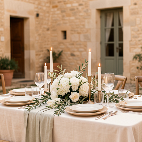 Décoration élégante d’une table de mariage provençale avec fleurs blanches, branches d’olivier, vaisselle raffinée et bougies dans une cour en pierre.