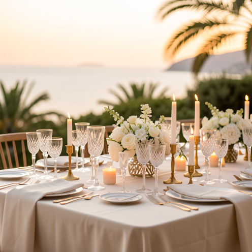 Table de mariage élégante décorée de fleurs blanches, bougies, vaisselle raffinée et touches dorées dans une ambiance méditerranéenne sur la Côte d’Azur.