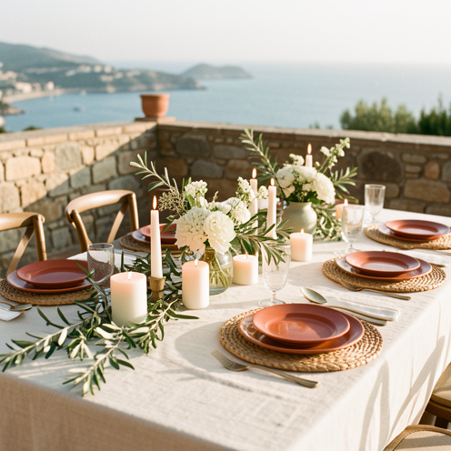 Décoration élégante de table de mariage d’inspiration méditerranéenne avec linge ivoire, vaisselle en terre cuite, branches d’olivier, fleurs blanches et bougies sur une terrasse en pierre face à la côte marseillaise.