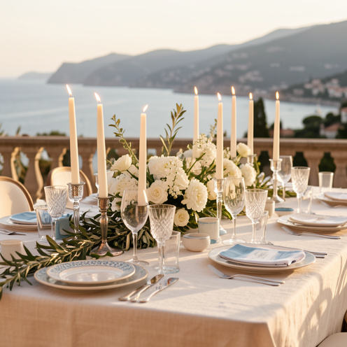 Décoration élégante d’une table de mariage avec fleurs blanches, branches d’olivier, bougies et détails méditerranéens sur une terrasse ensoleillée face à la Côte d’Azur.