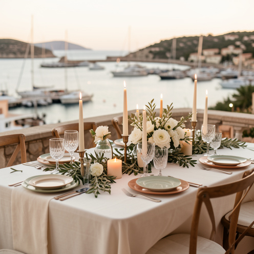 Table de mariage élégamment décorée dans un style méditerranéen avec fleurs blanches, branches d’olivier, vaisselle raffinée et bougies, sur une terrasse avec vue sur le port de Toulon.