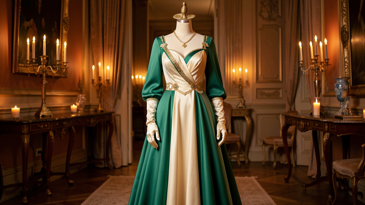 Tenue féminine d’inspiration italienne élégante présentée sur un mannequin, avec une robe fluide émeraude et crème et des accessoires dorés dans un décor festif.