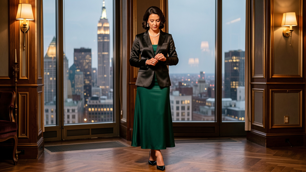 Une femme élégante porte une tenue de soirée chic inspirée de Manhattan, avec une robe émeraude, un blazer noir satiné et des accessoires raffinés dans un décor urbain sophistiqué.