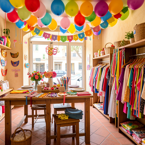 Intérieur lumineux d’un magasin de fête à Aix-en-Provence, avec des ballons colorés, des guirlandes, des masques, des décorations de table et des costumes soigneusement présentés.