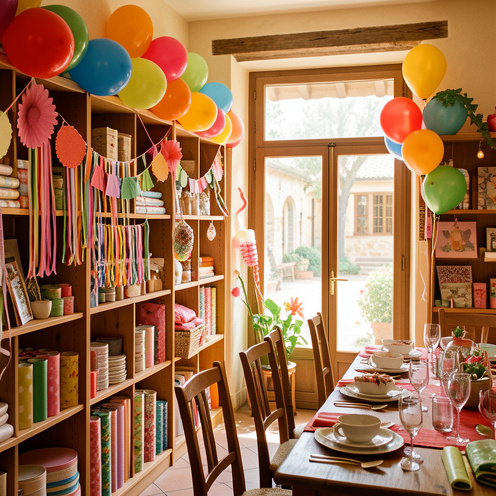 Intérieur chaleureux d’un magasin de fête aux couleurs méditerranéennes, avec des ballons, des décorations en papier, des rubans et de la vaisselle festive.