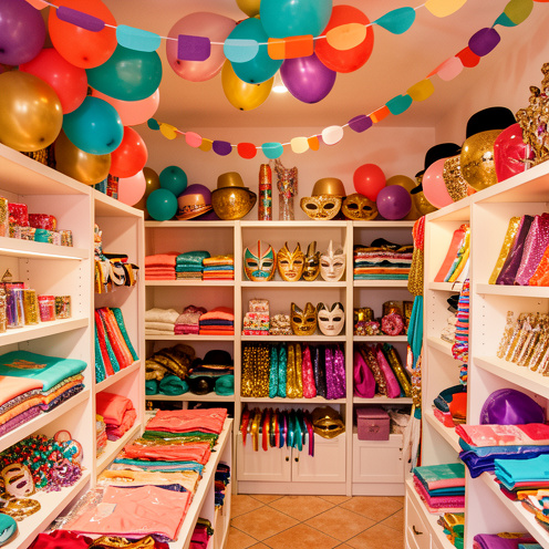 Intérieur coloré d’un magasin de fête à Marseille avec ballons, guirlandes, masques, costumes, chapeaux et accessoires soigneusement présentés.