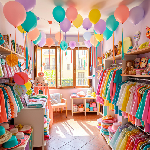Intérieur coloré d’un magasin de fête à Nice avec des ballons, des décorations et des déguisements variés.