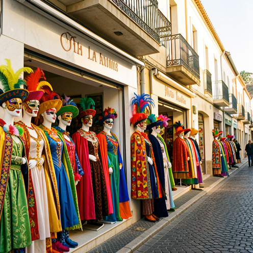 Vitrines colorées de magasins de déguisement présentant des masques, chapeaux à plumes, capes et costumes dans une rue méditerranéenne ensoleillée.