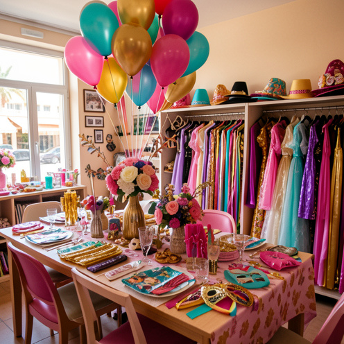 Intérieur coloré d’un magasin de fête à Cannes et Mandelieu, avec ballons, décorations de table, masques, chapeaux et costumes festifs.