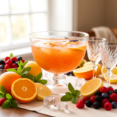Un grand saladier en verre rempli de punch aux agrumes, entouré de tranches d’oranges et de citrons, de menthe fraîche, de fruits rouges, de glaçons et de verres élégants.