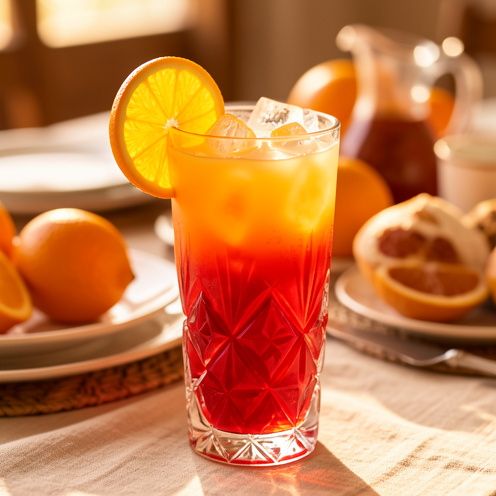 Cocktail Garibaldi rouge et orange servi dans un grand verre avec des glaçons et une tranche d’orange.