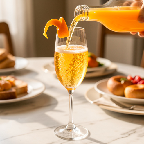 Flûte de mimosa doré composée de champagne pétillant et de jus d’orange, décorée d’une tranche d’orange sur une table en marbre.