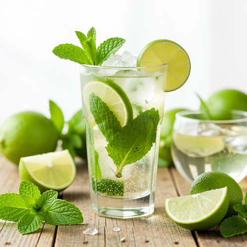 Mojito cubain servi dans un grand verre avec menthe fraîche, quartiers de citron vert, glace pilée et eau gazeuse, entouré des ingrédients de préparation.