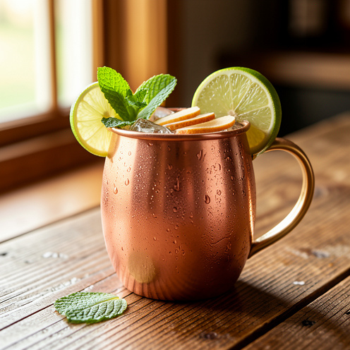 Cocktail au gingembre servi dans une tasse en cuivre, accompagné de citron vert, de menthe fraîche et de tranches de gingembre sur un comptoir en bois.