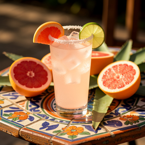 Cocktail Paloma rose servi dans un verre transparent avec glaçons, quartier de pamplemousse et bord givré de sel, entouré de citrons verts et de pamplemousses frais.