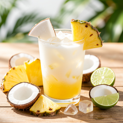 Cocktail tropical à l’ananas et à la noix de coco servi dans un verre, entouré de morceaux d’ananas, de noix de coco, de citron vert et de glaçons.