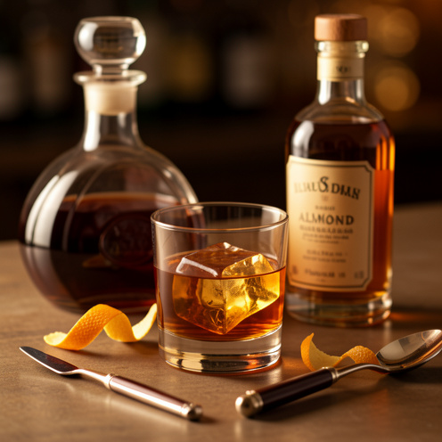 Cocktail ambré servi sur glace dans un verre bas, accompagné d’une carafe de cognac, d’une bouteille de liqueur d’amande sans étiquette, d’un zeste d’orange et d’une cuillère de bar.
