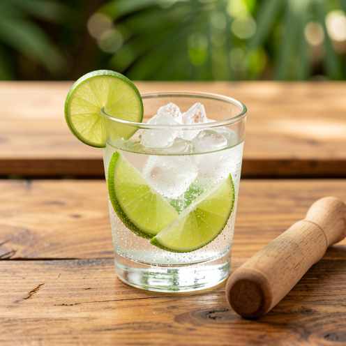 Caipirinha traditionnelle brésilienne servie dans un verre bas avec quartiers de citron vert, glace pilée et pilon en bois.
