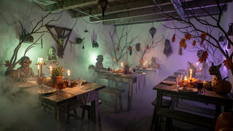 Décoration d’une soirée à thème zombie dans une pièce sombre, avec bougies vacillantes, brume au sol, branches tortueuses et lumières vertes et violettes.