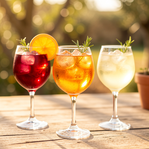 Composition de cocktails spritz italiens classiques et revisités, servis dans des verres élégants avec glaçons, tranches d’orange et herbes fraîches sur une table méditerranéenne ensoleillée.